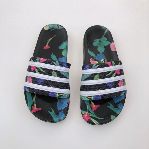 adidas Shoes | Adidas Adilette Slide In Floral Black White | Poshmark